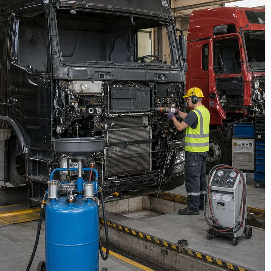 Operatore specializzato durante lo smontaggio di componenti da un veicolo industriale