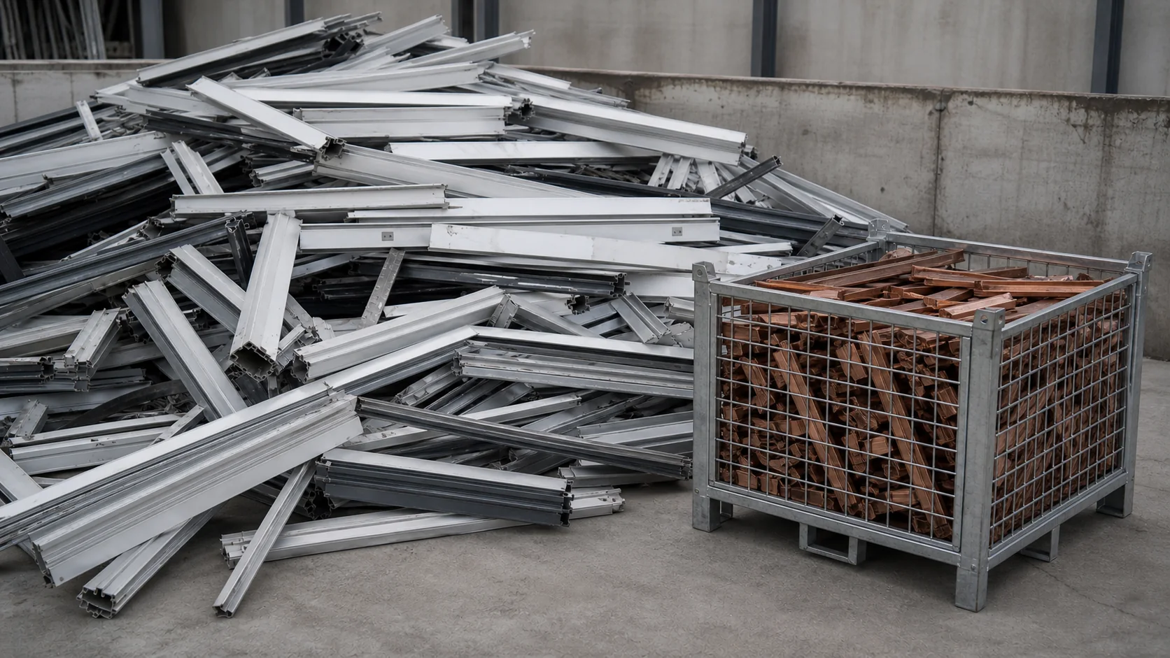 Serramenti e profili in alluminio con cesta retata contenente sbarre di rame
