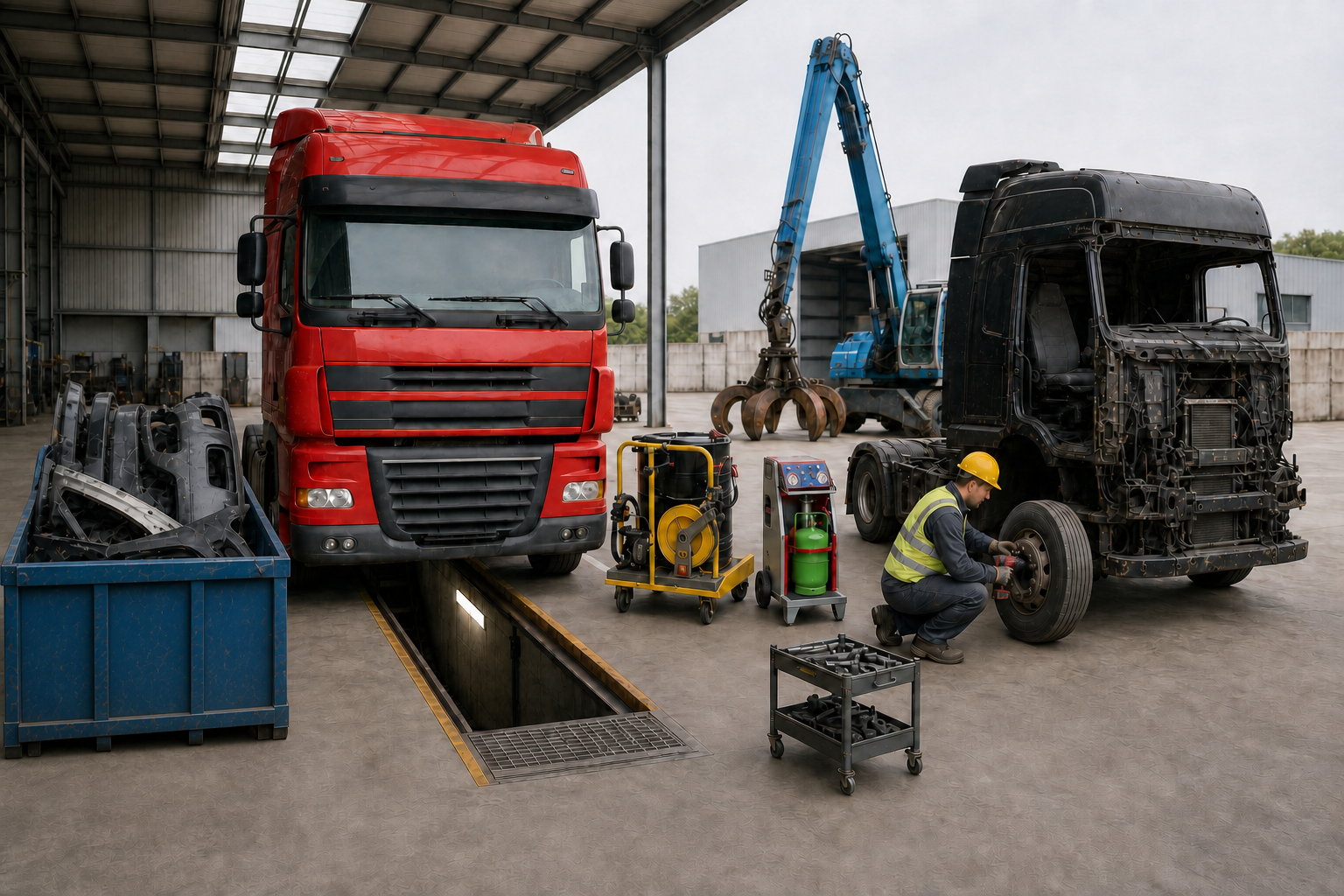 Messa in sicurezza di un veicolo industriale fuori uso con attrezzature specialistiche