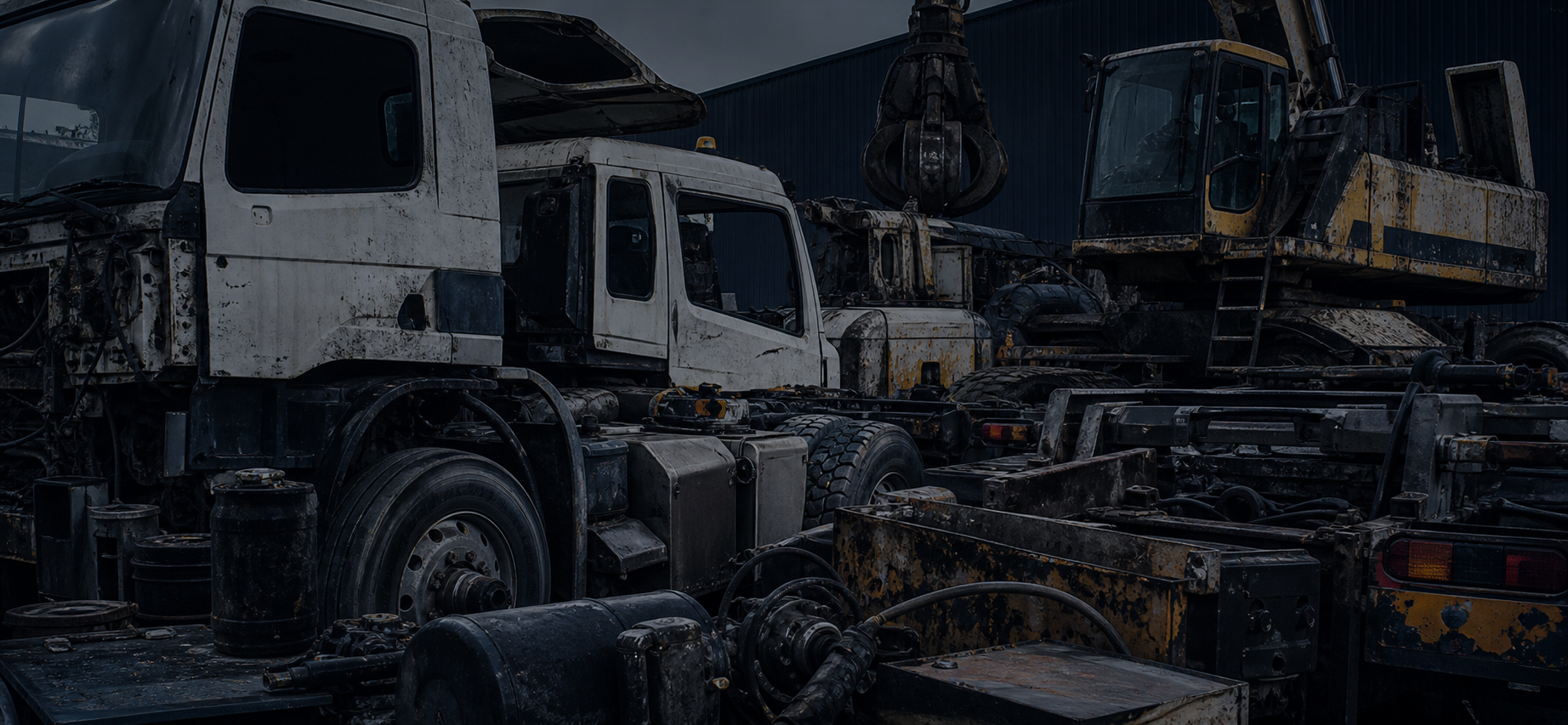 Carcasse metalliche di veicoli industriali preparate per la demolizione